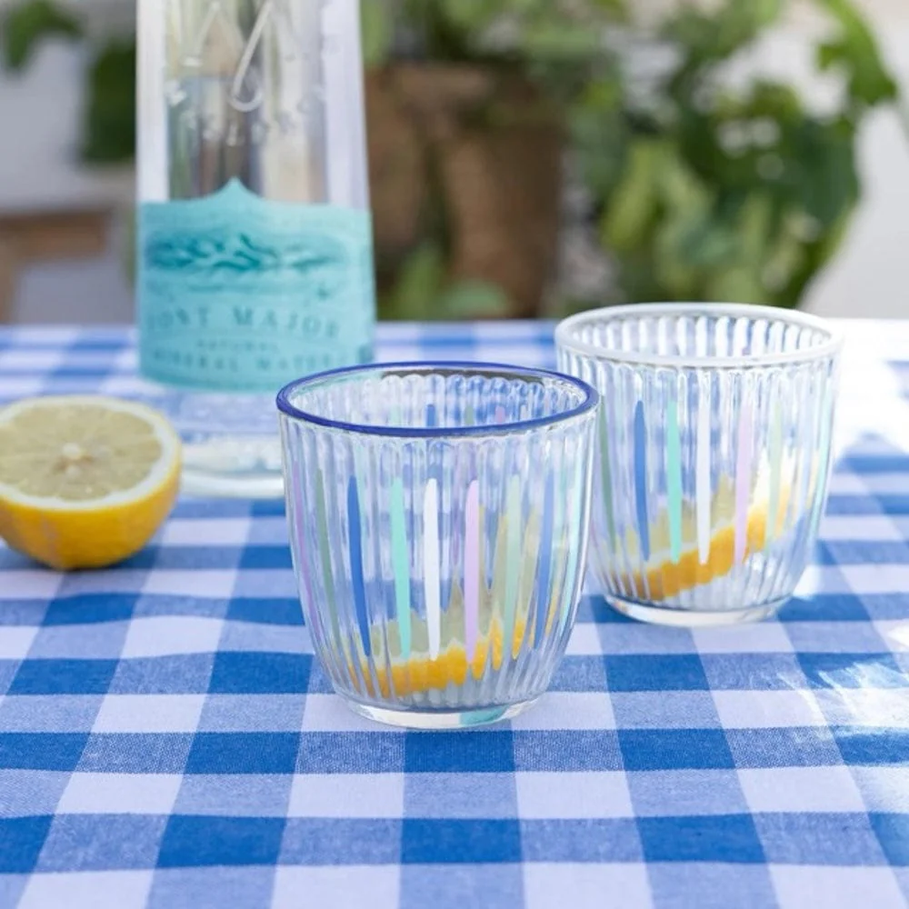 Pair of Blue & White Striped Glass Tumblers