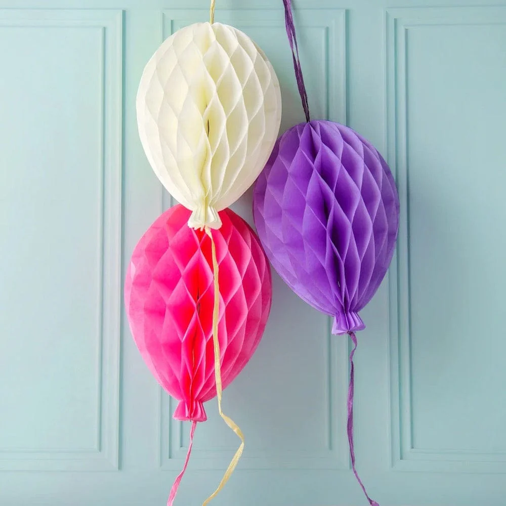 Pastel Birthday Balloons Paper Honeycomb Decorations - 3 Pack