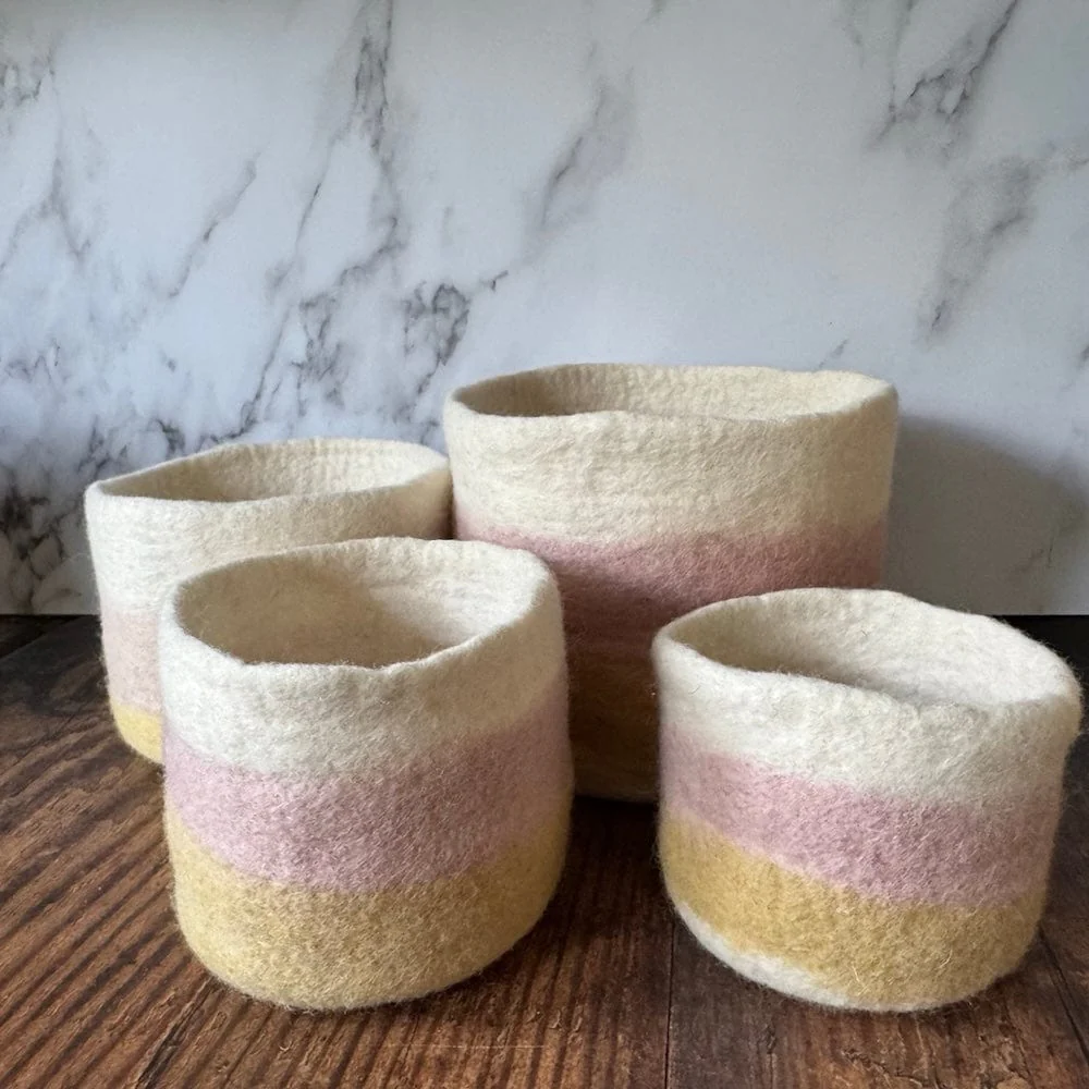 Striped Wool Felt Plant Pot Cover - Yellow & Pink - Image 7