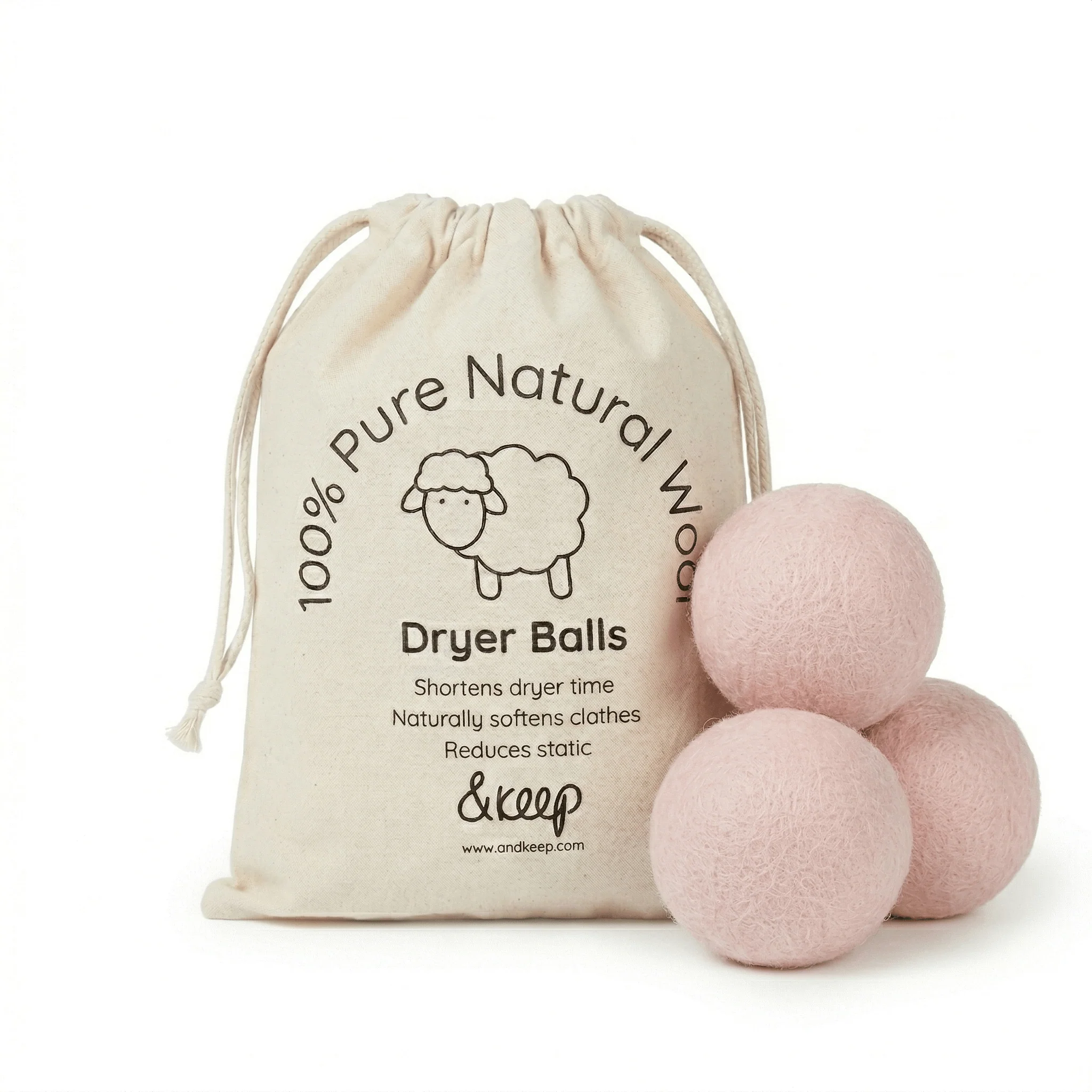 Wool Dryer Balls - Pink Set of 3 & Storage Bag
